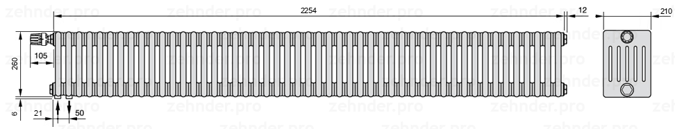 Схема (чертеж) Радиатор Zehnder Charleston 6026/49 №V001 Белый глянцевый RAL 9016